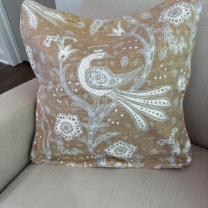 Linen pillow with modern print peacock birds and flower. Brown, white, blue